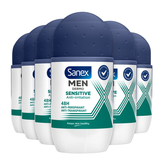 6 x Sanex Men Skin Health Sensitive 72h Antiperspirant Roll On