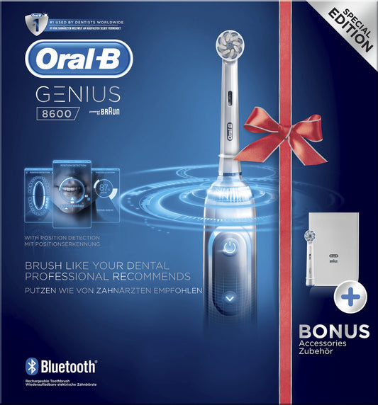 Brosse à dents électrique Oral-B Genius 8600 argentée avec Bluetooth, alimentée par Braun