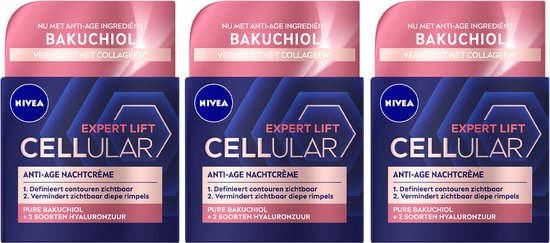 NIVEA CELLular Expert Lift Anti-Age Nachtcrème Met Bakuchiol en Hyaluronzuur - 3 x 50 ml