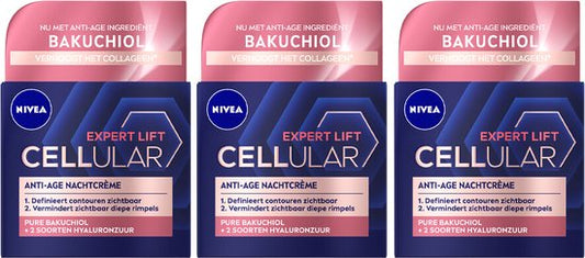 NIVEA CELLular Expert Lift Anti-Age Nachtcrème Met Bakuchiol en Hyaluronzuur - 3 x 50 ml