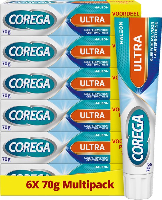 Corega Ultra Kleefcrème voor de gebitsprothese voor sterke hechting de hele dag lang, 6 x 70 g