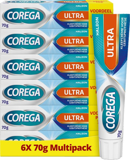 Crème adhésive pour prothèses dentaires Corega Ultra pour une adhérence forte tout au long de la journée, 6 x 70 g