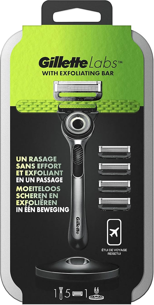 GilletteLabs With Exfoliating Bar Scheersysteem, 1 Handvat - 5 Navulmesje, Inclusief Reisetui En Premium Magnetische Houder, Van Gillette