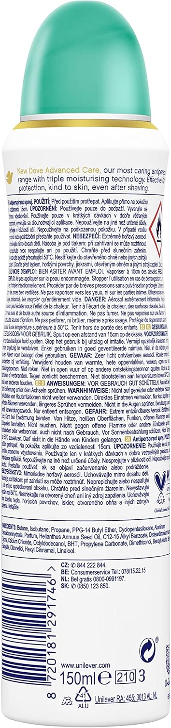 Dove Advanced Care Go Fresh Pear & Aloe Vera Anti-Transpirant Deodorant Spray, biedt tot 72 uur bescherming tegen zweet - 6 x 150 ml - Voordeelverpakking