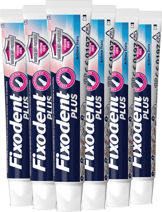 Pâte adhésive pour prothèses dentaires Fixodent Plus – Fraîche avec protection alimentaire – 6 x 40 ml