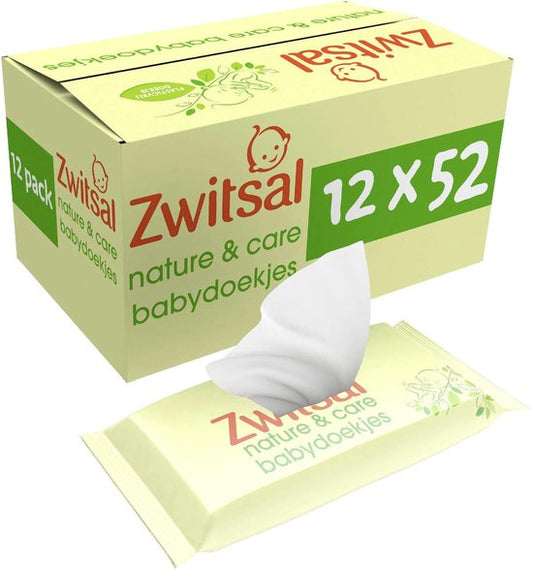 Zwitsal - Lingettes bébé - Nature & Care Sans plastique - 624 lingettes bébé - 12 x 52 pièces