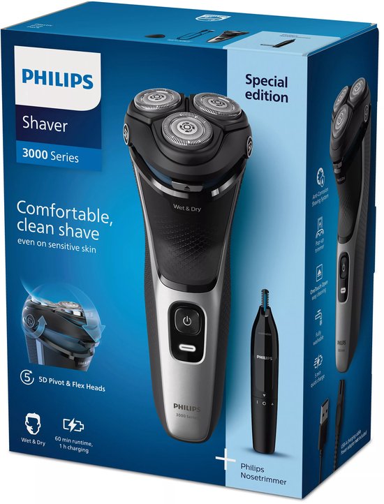 Philips Series 3000 - Scheerapparaat Mannen met Trimmer - Inclusief Neustrimmer - Waterdicht