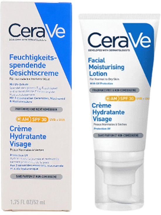 CeraVe Hydraterende Gezichtscrème SPF30 - voor Normale tot Droge Huid - met 3 Essentiële Ceramiden - 52ml