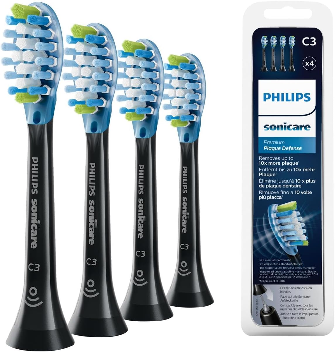 Philips Sonicare Originele standaard sonische C3 Premium Plague Defence -opzetborstels - verpakking van 4 stuks in zwart