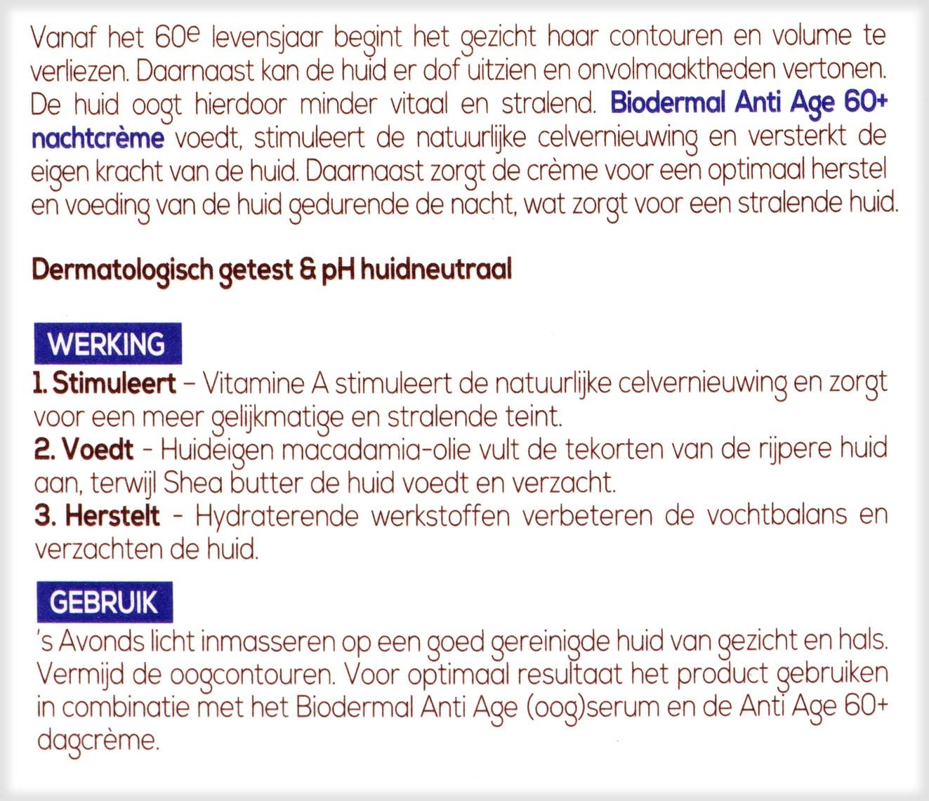 Biodermal Anti Age 60+ - Nachtcrème tegen huidveroudering - Deze nachtcreme helpt om de fijne lijntjes en rimpels te verminderen - 50ml