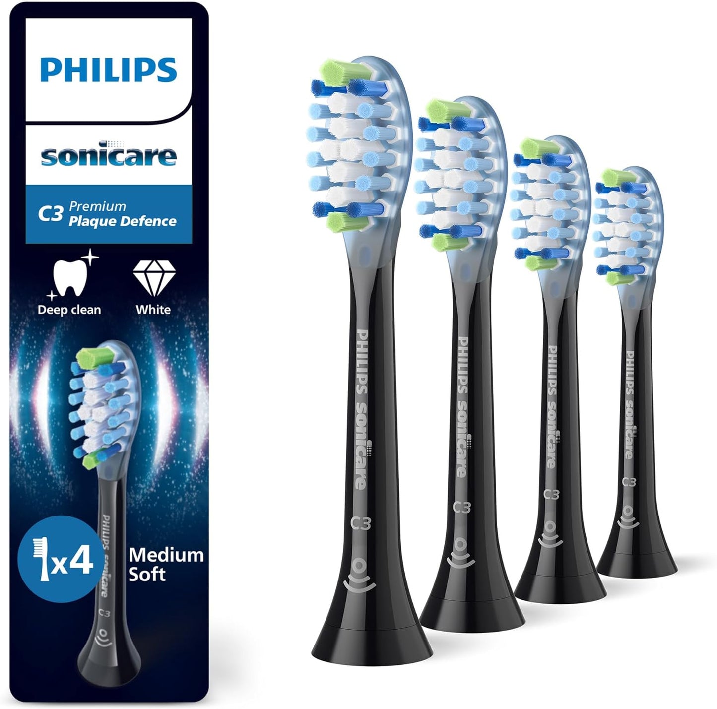 Philips Sonicare Originele standaard sonische C3 Premium Plague Defence -opzetborstels - verpakking van 4 stuks in zwart