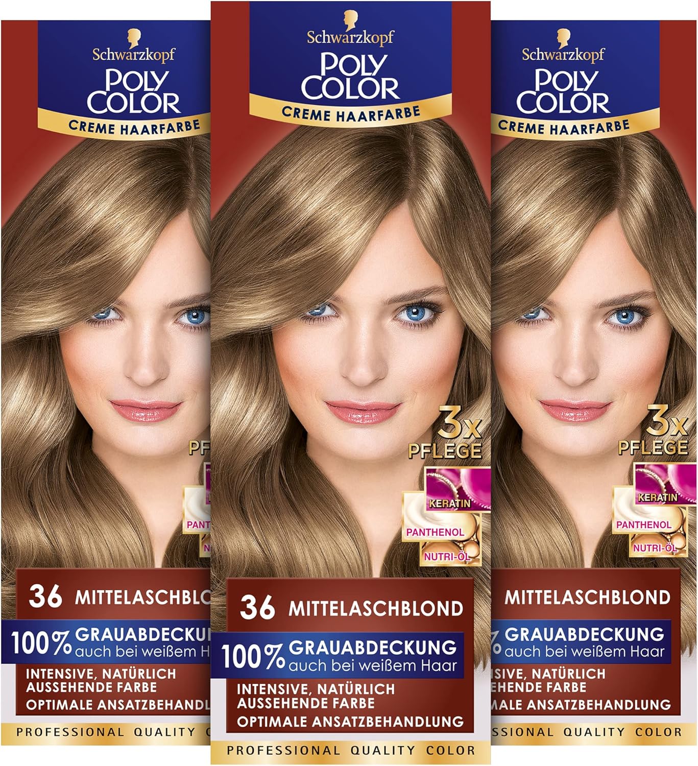 Poly Color Cream Hair Colour 36 Medium Ash Blonde Level 100% Grey Coverage - 3 stuks