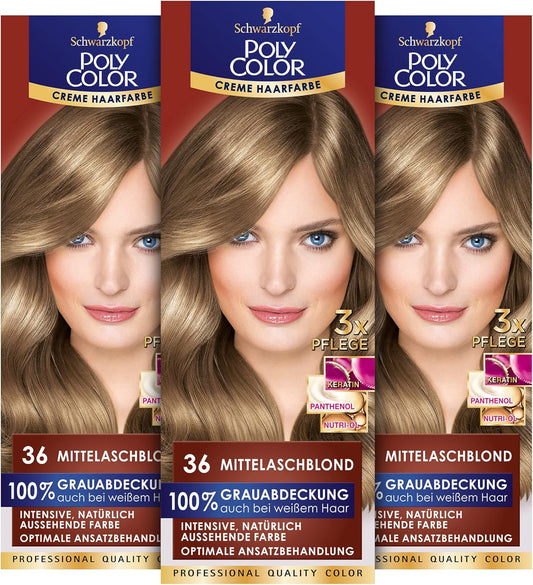 Poly Color Cream Hair Colour 36 Medium Ash Blonde Level 100% Grey Coverage - 3 stuks
